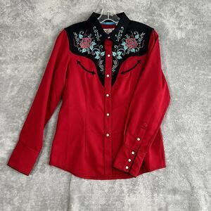 Panhandle Slim Shirt Women M Red Retro Western Pearl Snap Embroidered Yoke Rodeo